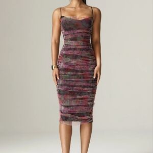 Alieva Purple and Red Bodycon Midi Dress with Spaghetti Straps